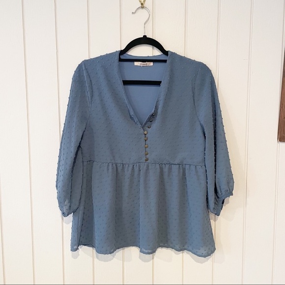 Antoinette Blue Swiss Dot Sheer Sleeve Blouse - Picture 1 of 6